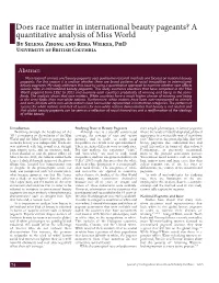 Does Race Matter in International Beauty Pageants? a Quantitative Analysis of Miss World B S Z  R  W , PD U    B   C 