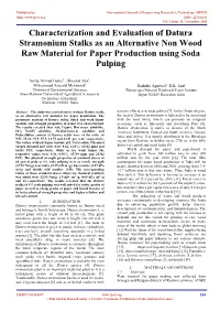 Characterization and Evaluation of Datura Stramonium Stalks As an Alternative Non Wood Raw Material for Paper Production Using Soda Pulping