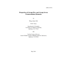 Properties of Group Five and Group Seven Transactinium Elements