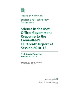 Science in the Met Office: Government Response to the Committee's Thirteenth Report of Session 2010–12