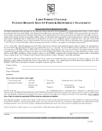 Lake Forest College Tuition Benefit Sign up Form & Dependency Statement