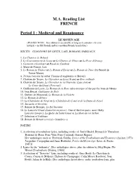 M.A. Reading List FRENCH Period 1 : Medieval and Renaissance