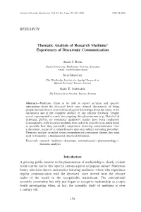 Thematic Analysis of Research Mediums' Experiences of Discarnate Communication