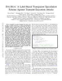 SPECBOX: a Label-Based Transparent Speculation Scheme Against Transient Execution Attacks