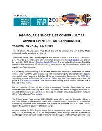 2020 Polaris Short List Coming July 15, Winner
