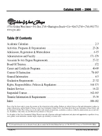 Table of Contents Academic Calendars