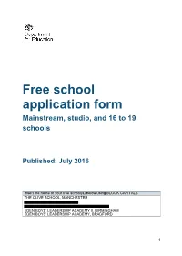 Free School Application Form Mainstream, Studio, and 16 to 19 Schools