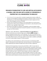 (Rftca) Accelerates a Global Cure for Aids with License of Chromocell’S Proprietary Cell Engineering Technology