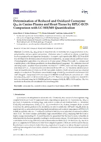 Determination of Reduced and Oxidized Coenzyme Q10 in Canine Plasma and Heart Tissue by HPLC-ECD: Comparison with LC-MS/MS Quantiﬁcation