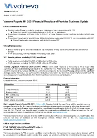 Valneva Reports H1 2021 Financial Results and Provides Business Update