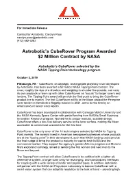 Astrobotic's Cuberover Program Awarded $2 Million Contract By