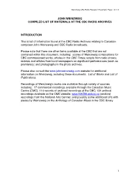 List of CBC Radio Materials on John Weinzweig