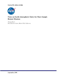 Notes on Earth Atmospheric Entry for Mars Sample Return Missions