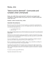 “Starve and Be Damned!”: Communists and Canada's Urban Unemployed