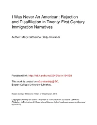 Rejection and Disaffiliation in Twenty-First Century Immigration Narratives