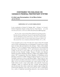 Continuing the Dialogue on Canada's Federal Penitentiary System
