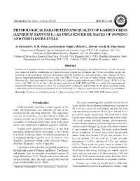 Lepidium Sativum L.) As Influenced by Dates of Sowing and Fertilizer Levels