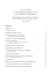Lecture Notes for the Algebraic Geometry Course Held by Rahul Pandharipande