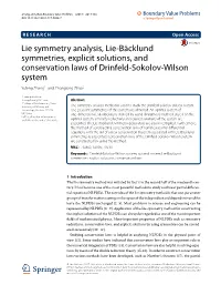 Lie Symmetry Analysis, Lie-Bäcklund Symmetries, Explicit Solutions, and Conservation Laws of Drinfeld-Sokolov-Wilson System