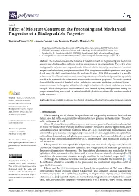 Effect of Moisture Content on the Processing and Mechanical Properties of a Biodegradable Polyester