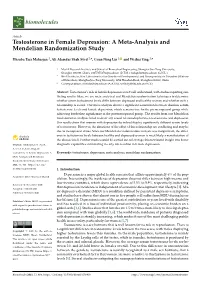 Testosterone in Female Depression: a Meta-Analysis and Mendelian Randomization Study