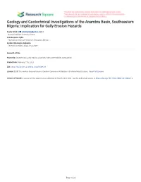 Geology and Geotechnical Investigations of the Anambra Basin, Southeastern Nigeria: Implication for Gully Erosion Hazards