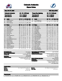 Colorado Avalanche Game Notes