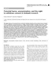 Potential Harms, Anonymization, and the Right to Withdraw Consent to Biobank Research