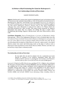 In Defence of Kyd: Evaluating the Claim for Shakespeare's Part