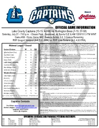 OFFICIAL GAME INFORMATION Lake County Captains (13-15, 42-56) Vs