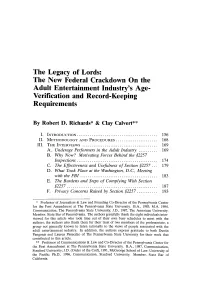 Legacy of Lords: the New Federal Crackdown on the Adult Entertainment Industry's Age- Verification and Record-Keeping Requirements