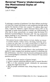 Reversal Theory: Understanding the Motivational Styles of Espionage Lydia R
