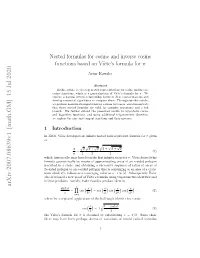 Nested Formulas for Cosine and Inverse Cosine Functions Based on Vi`Ete’Sformula for Π