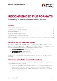 RECOMMENDED FILE FORMATS University of Reading Research Data Archive