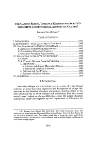 THE CAMPUS SEXUAL VIOLENCE ELIMINATION ACT: Is IT ENOUGH to COMBAT SEXUAL ASSAULT on CAMPUS?