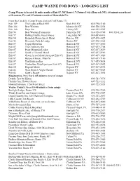 Camp Wayne for Boys ~ Lodging List