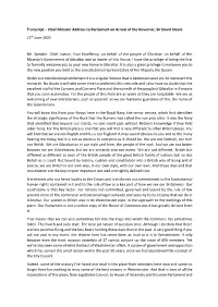 Transcript – Chief Minister Address to Parliament on Arrival of the Governor, Sir David Steele 11Th June 2020