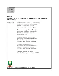 Ent 208 Biographical Studies of Entrepreneurial Thinkers and Giants National Open University of Nigeria Course Guide