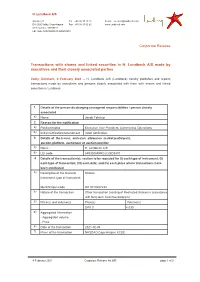 Corporate Release Transactions with Shares and Linked Securities in H. Lundbeck A/S Made by Executives and Their Closely Associa