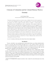 Criticism of Colonialism and the Colonial Memory Work in Germany