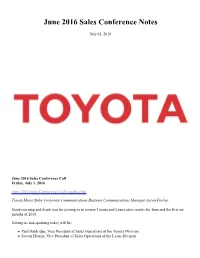 June 2016 Sales Conference Notes