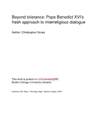 Pope Benedict XVI's Fresh Approach to Interreligious Dialogue