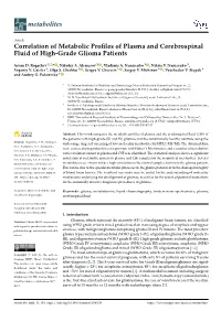 Correlation of Metabolic Profiles of Plasma and Cerebrospinal Fluid Of