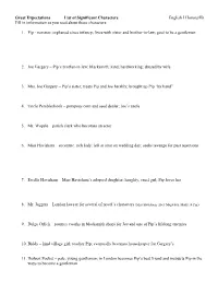 Great Expectations List of Significant Characters English I Honors/IB Fill in Information As You Read About These Characters