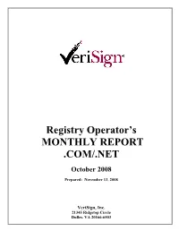 Verisign, Inc. Registry Sensitive Information