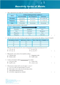Reactivity Series of Metals