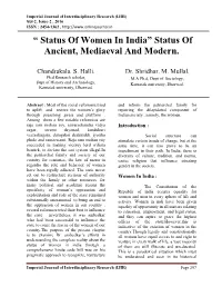“ Status of Women in India” Status of Ancient, Mediaeval and Modern