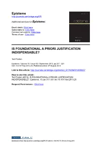 Episteme IS FOUNDATIONAL a PRIORI JUSTIFICATION INDISPENSABLE?