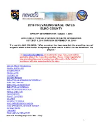 2016 Prevailing Wage Rates Elko County
