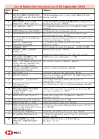 List of Unclaimed Accounts As of 30 September 2019. Serial Name Address No